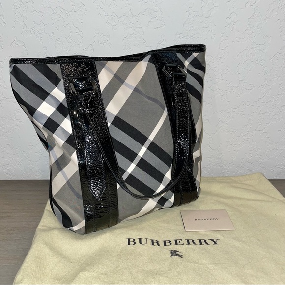 Burberry Handbags - Burberry Lowry Tote in Beat Check, Patent Leather and Nylon